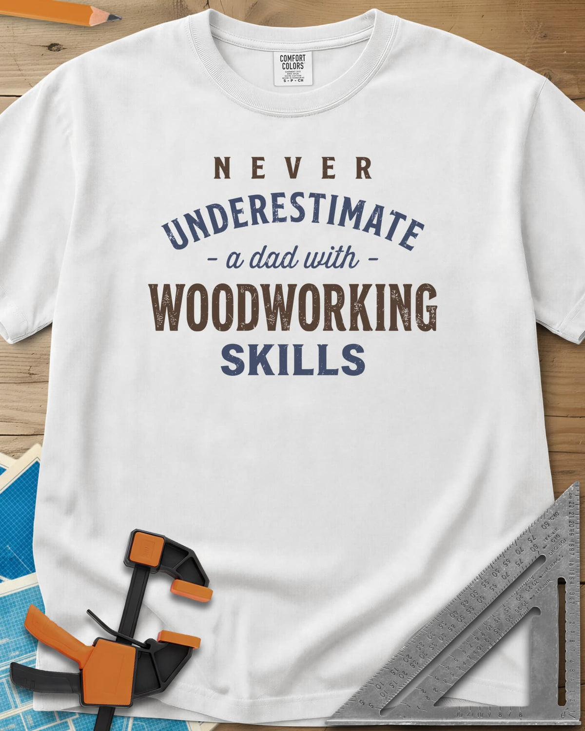 A Dad With Woodworking Skills heavyweight tee in White, arched worn lettering with WOODWORKING in the biggest letters