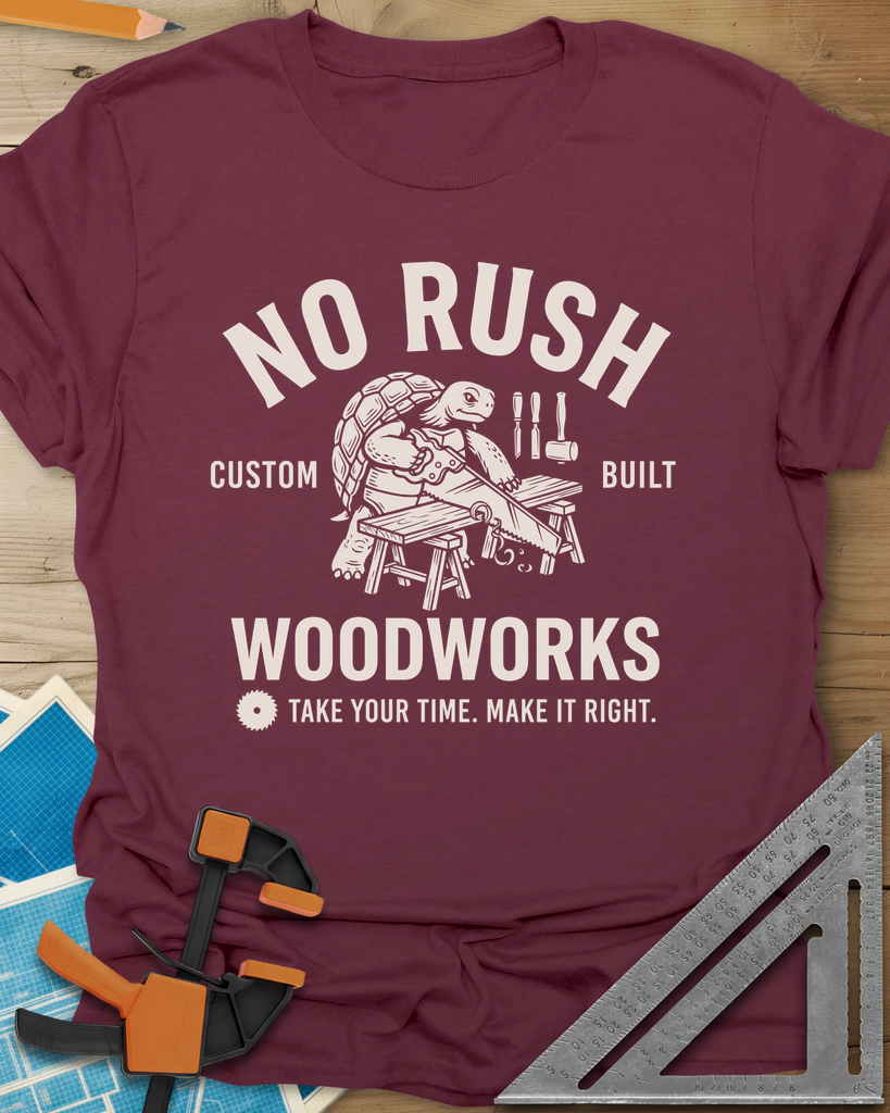 No Rush Woodworks Tee — maroon