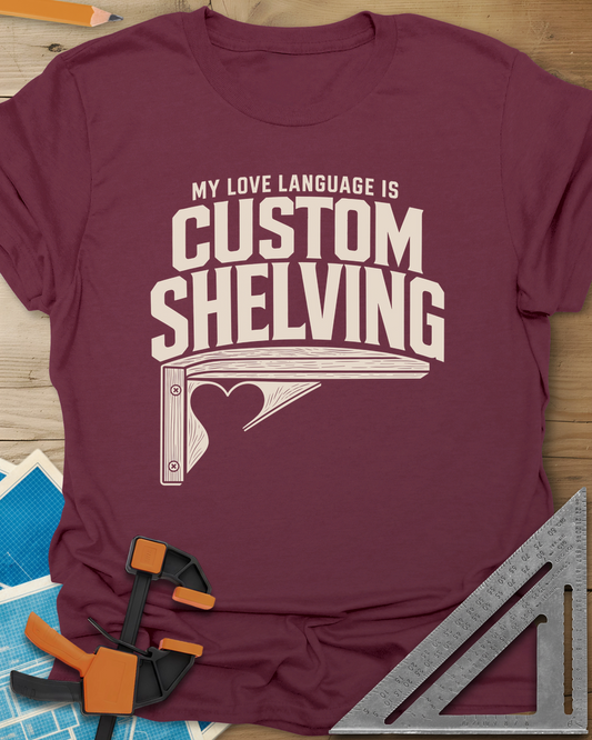 Custom Shelving t-shirt in Maroon, an angled shelf bracket with a heart-shaped cutout