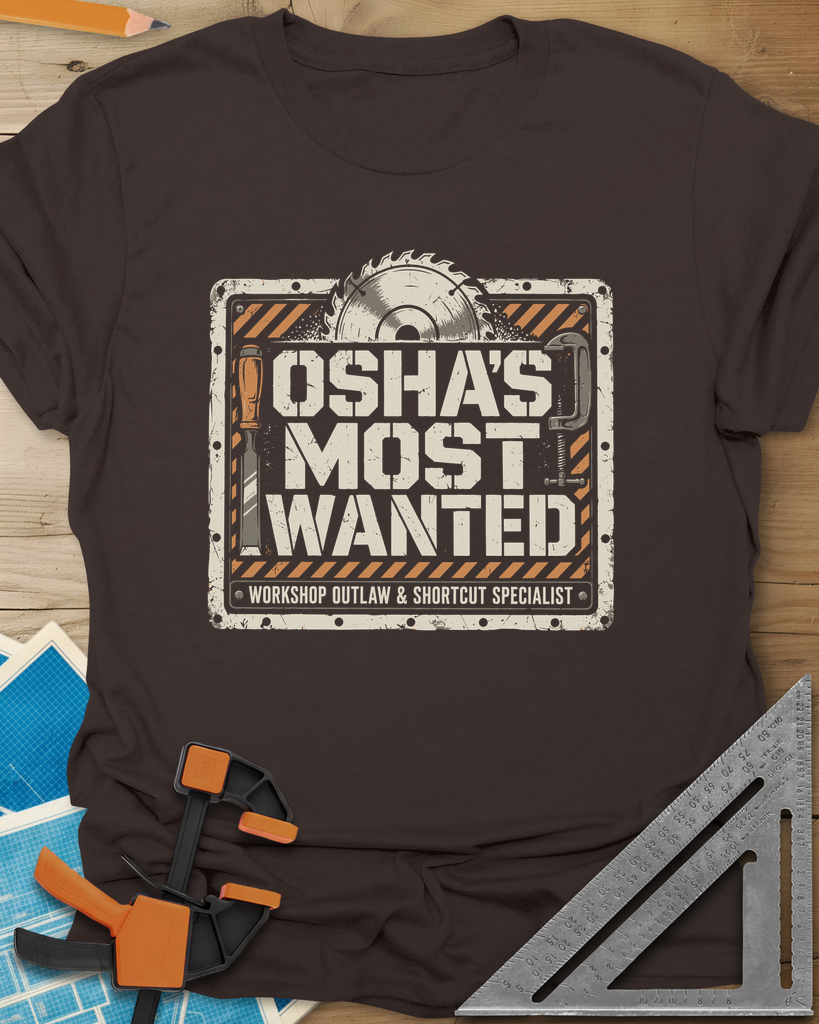 OSHA'S Most Wanted t-shirt in Dark Chocolate, a saw blade, chisel and C-clamp around a hazard-striped plate