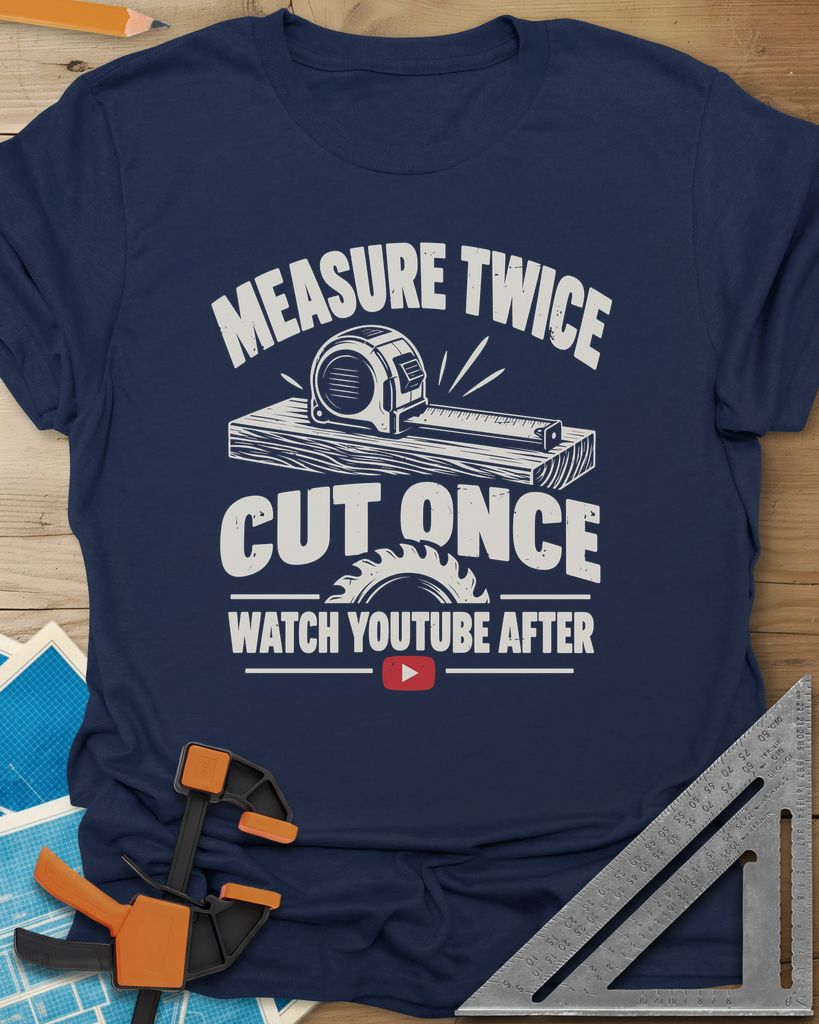 Watch YouTube After t-shirt in Navy, tape measure on a plank, a saw blade and a red play button