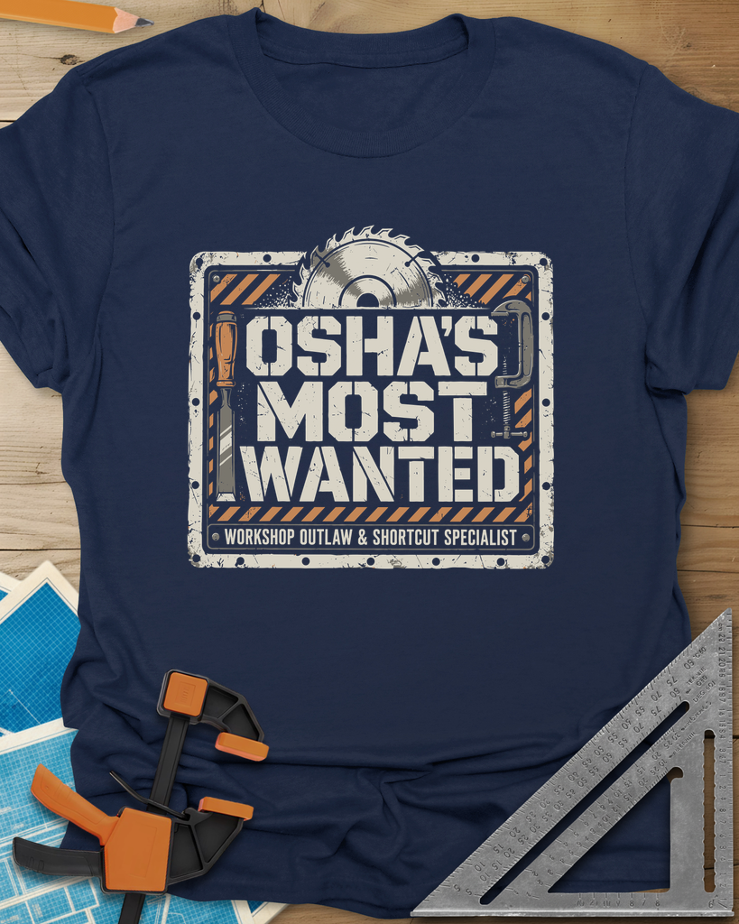 OSHA'S Most Wanted t-shirt in Navy, a saw blade, chisel and C-clamp around a hazard-striped plate