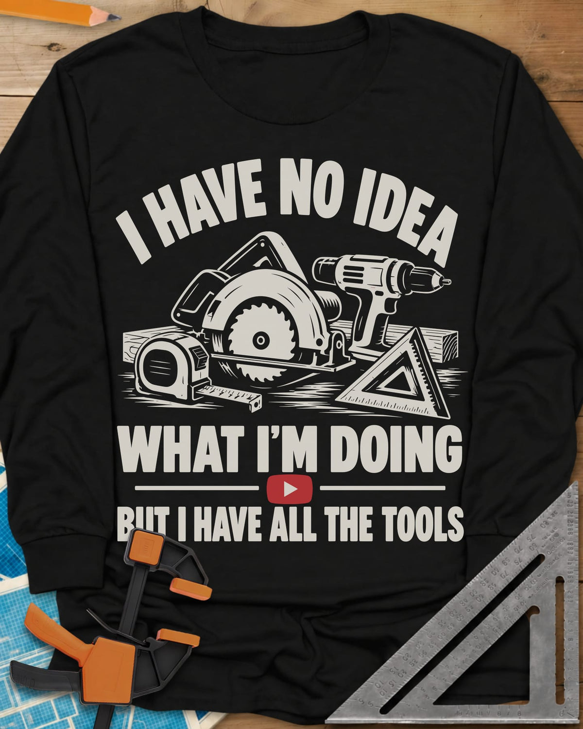 All The Tools long sleeve shirt in Black, circular saw, drill, tape measure and square above a play button
