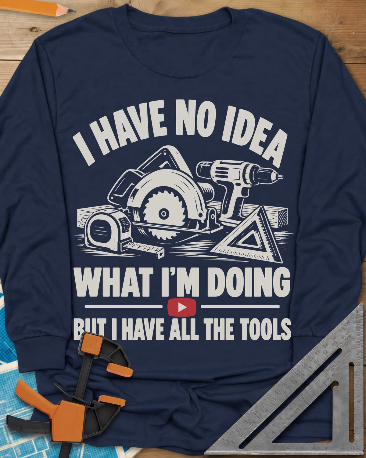 All The Tools long sleeve shirt in Navy, circular saw, drill, tape measure and square above a play button