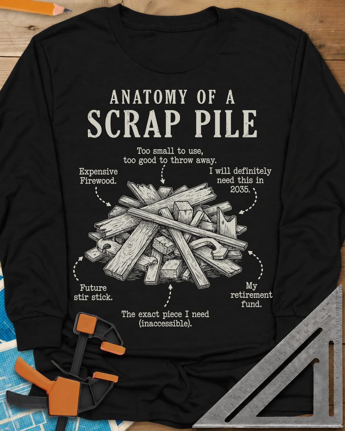 Anatomy of a Scrap Pile long sleeve shirt in Black, a labeled heap of wood offcuts with dotted-arrow jokes