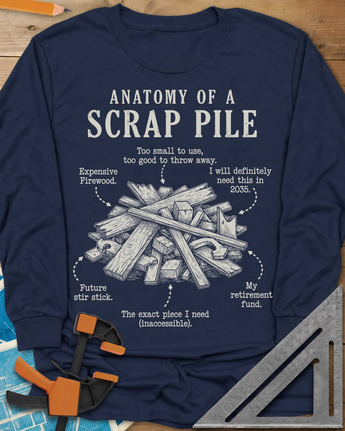 Anatomy of a Scrap Pile long sleeve shirt in Navy, a labeled heap of wood offcuts with dotted-arrow jokes