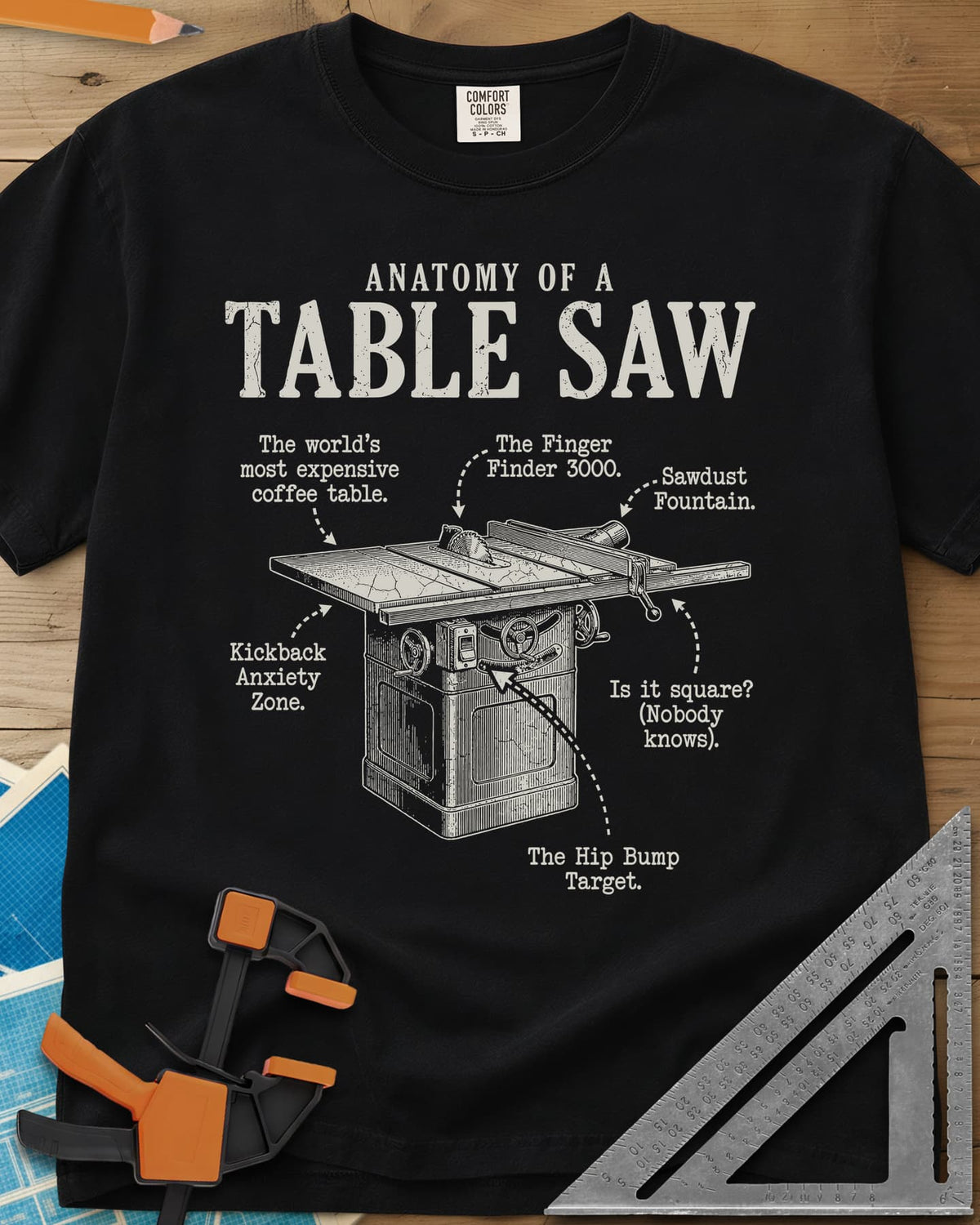 Anatomy of a Table Saw heavyweight tee in Black, a vintage cabinet table saw with six funny labeled callouts