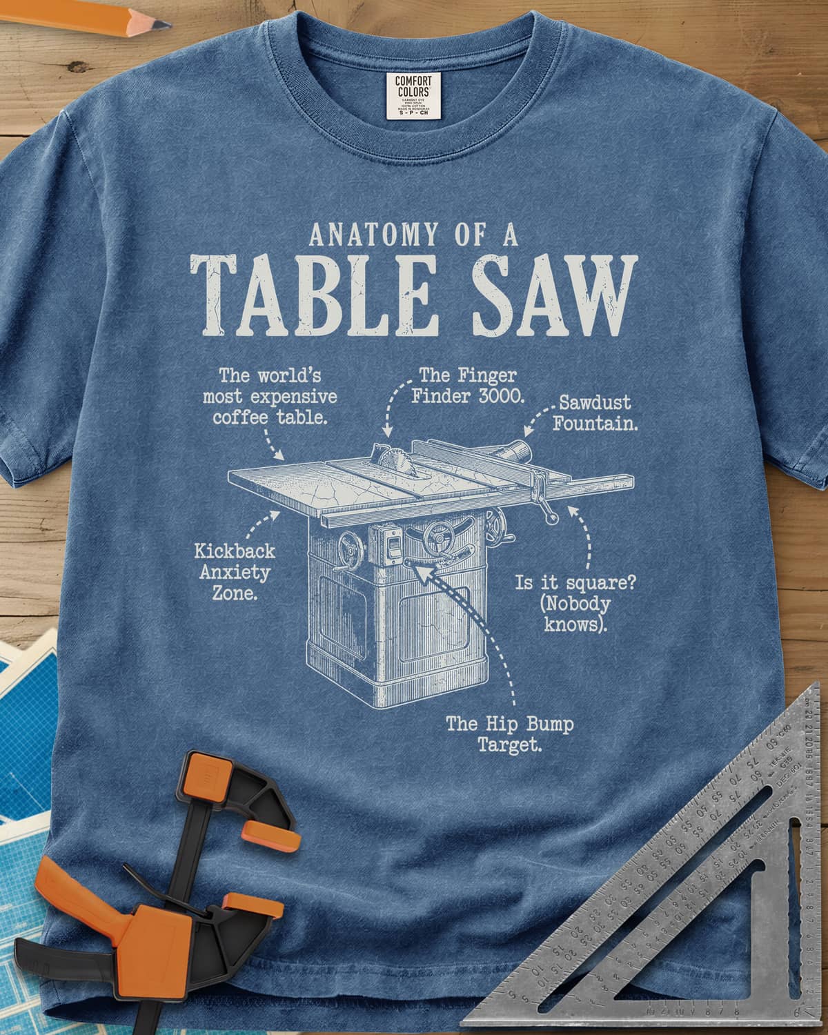 Anatomy of a Table Saw heavyweight tee in Blue Jean, a vintage cabinet table saw with six funny labeled callouts