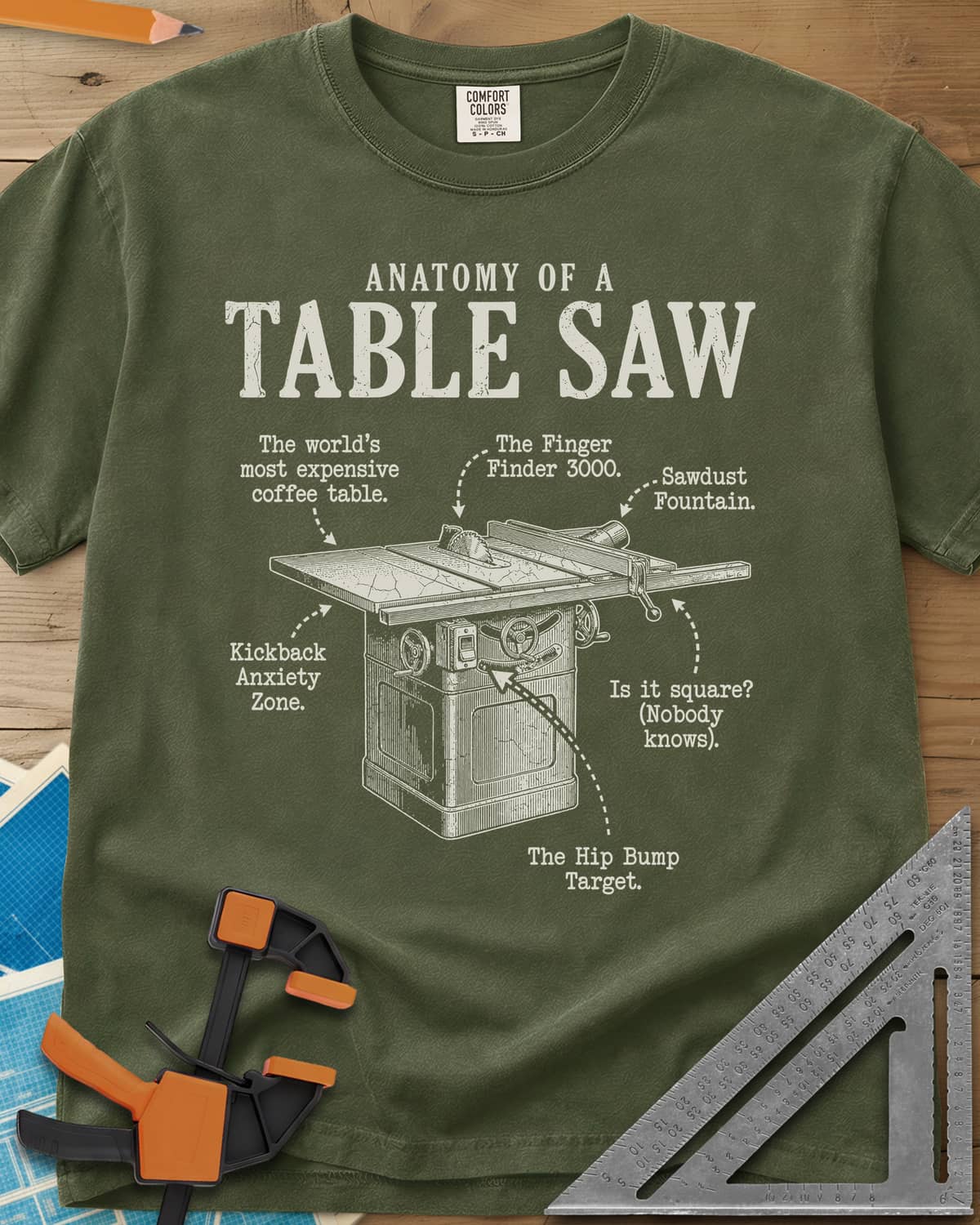 Anatomy of a Table Saw heavyweight tee in Hemp, a vintage cabinet table saw with six funny labeled callouts