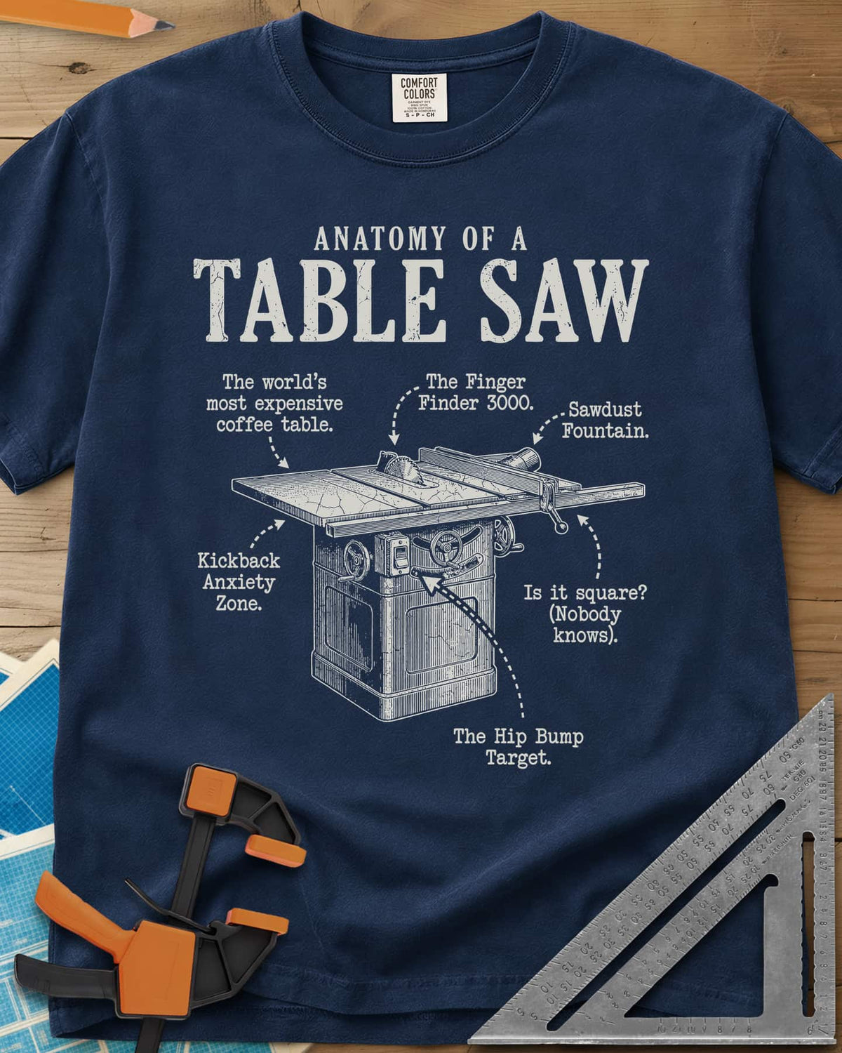 Anatomy of a Table Saw heavyweight tee in Navy, a vintage cabinet table saw with six funny labeled callouts