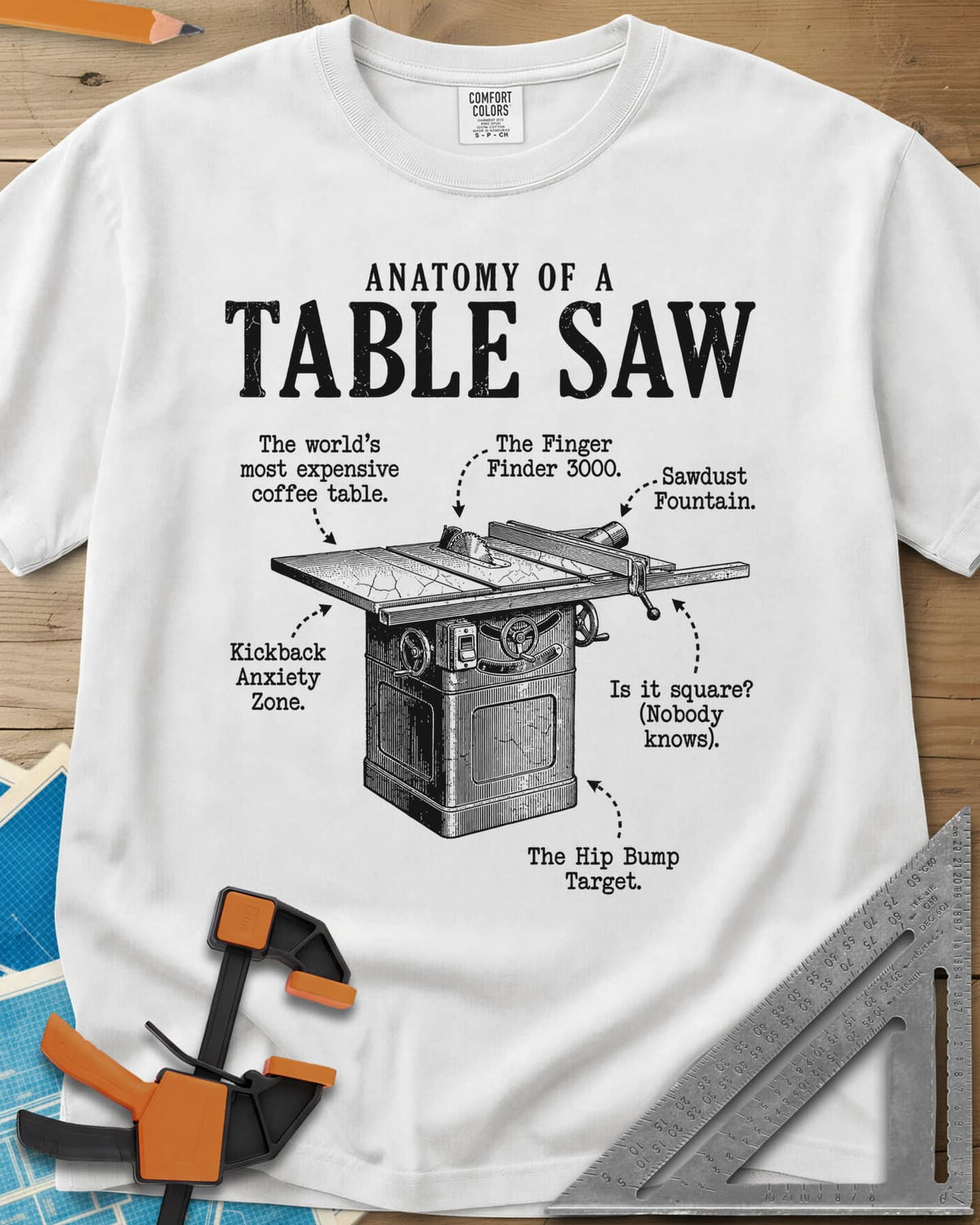 Anatomy of a Table Saw heavyweight tee in White, a vintage cabinet table saw with six funny labeled callouts