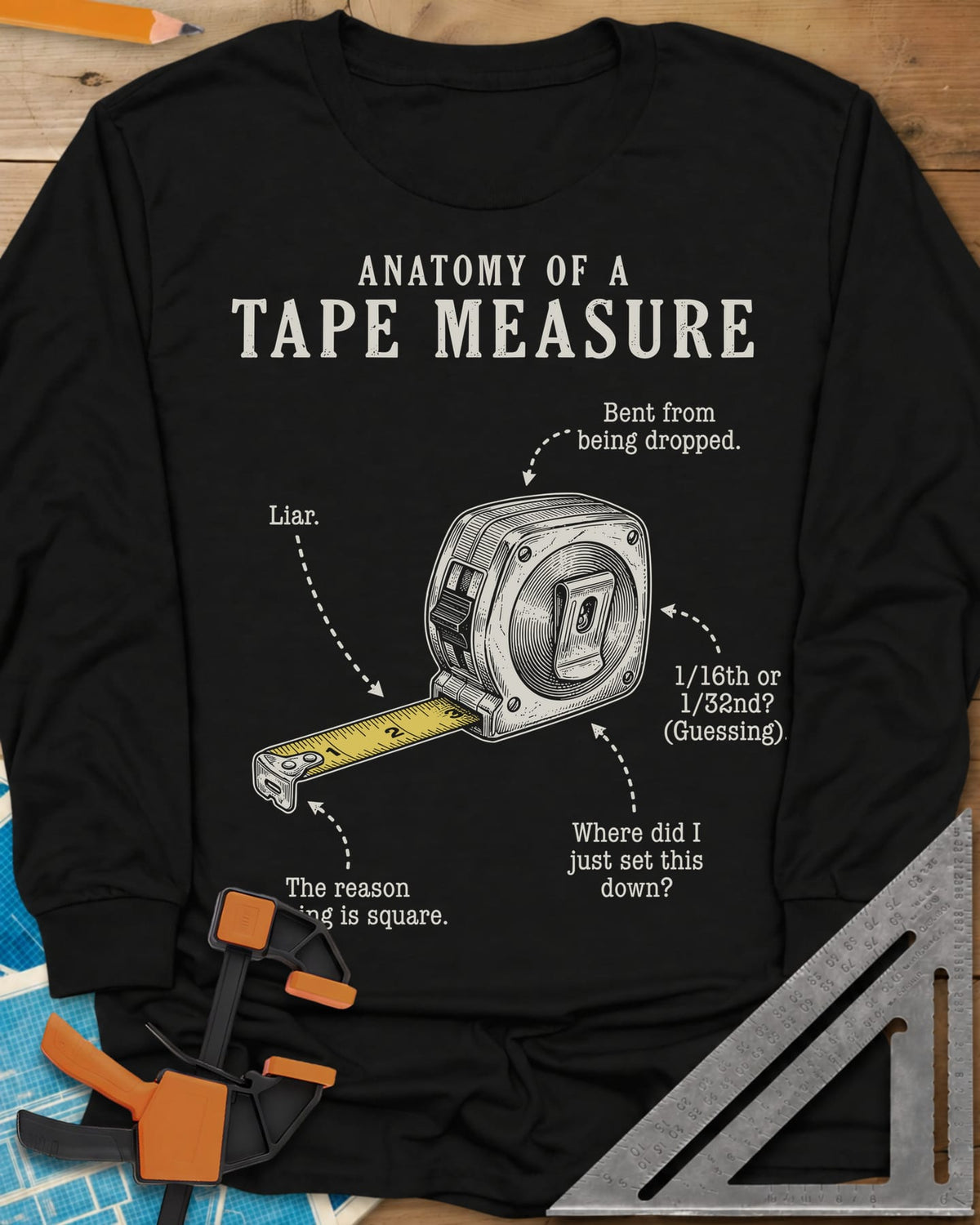 Anatomy of a Tape Measure long sleeve shirt in Black, a tape measure diagram with joke labels on dotted arrows