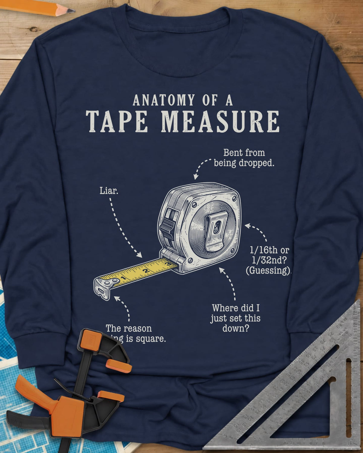 Anatomy of a Tape Measure long sleeve shirt in Navy, a tape measure diagram with joke labels on dotted arrows