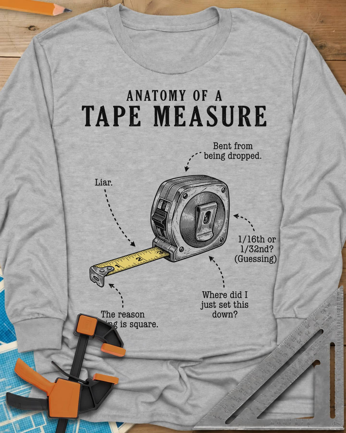 Anatomy of a Tape Measure long sleeve shirt in Sport Grey, a tape measure diagram with joke labels on dotted arrows