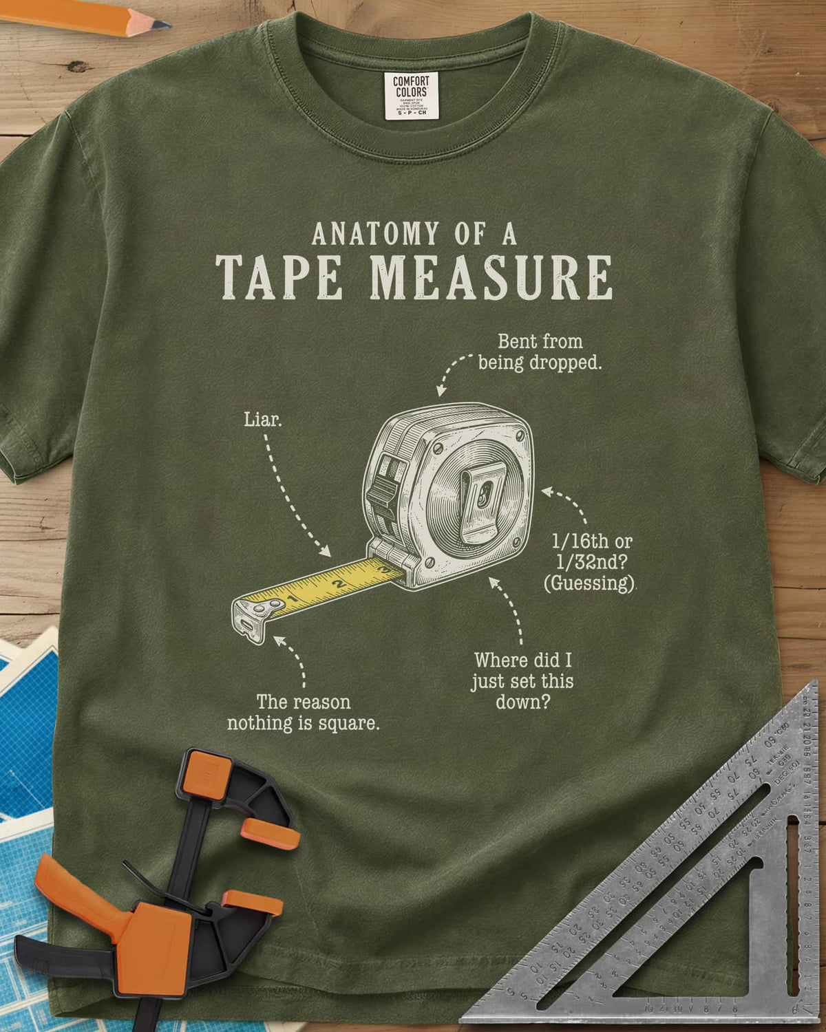 Anatomy of a Tape Measure heavyweight tee in Hemp, a tape measure diagram with joke labels on dotted arrows