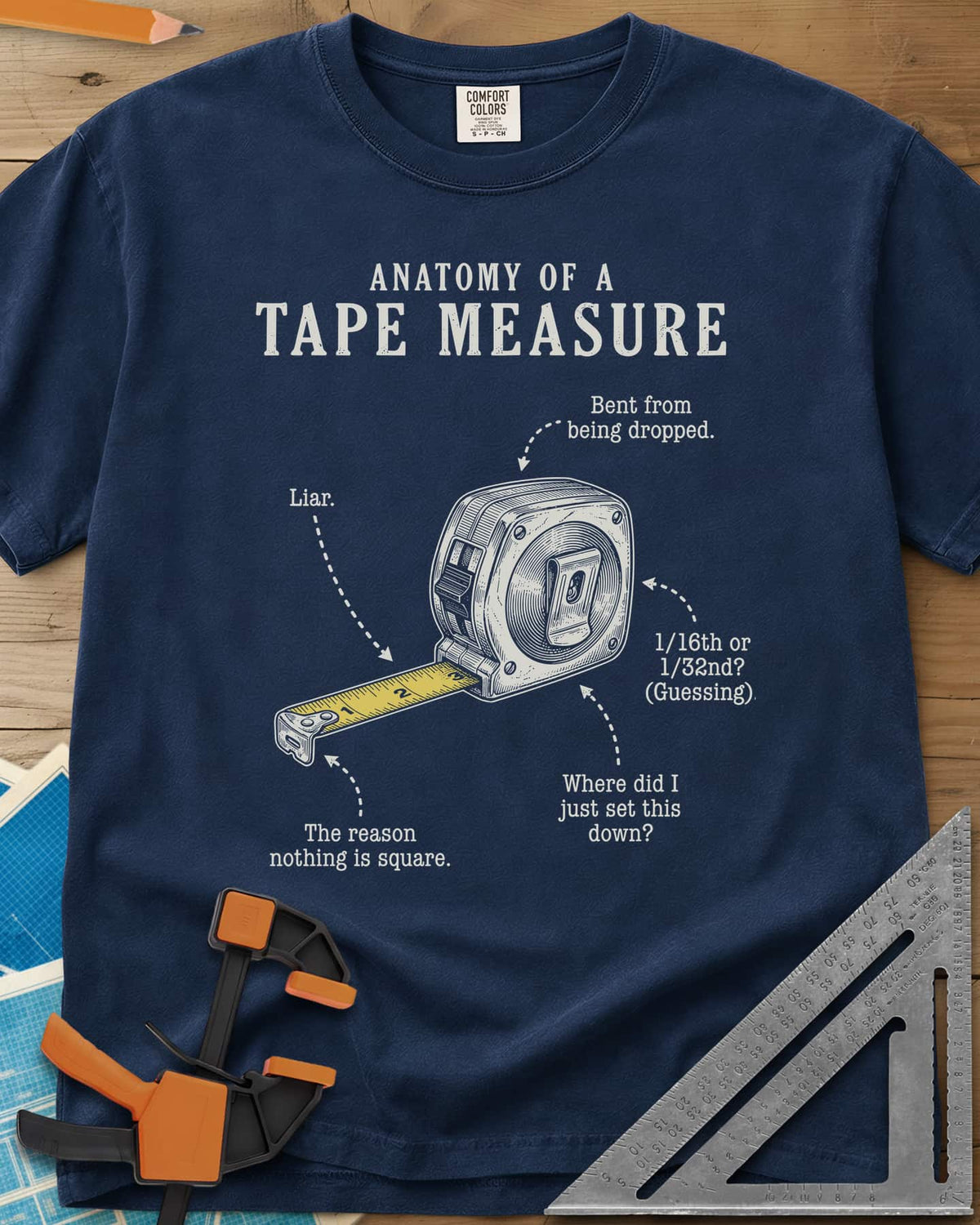Anatomy of a Tape Measure heavyweight tee in Navy, a tape measure diagram with joke labels on dotted arrows