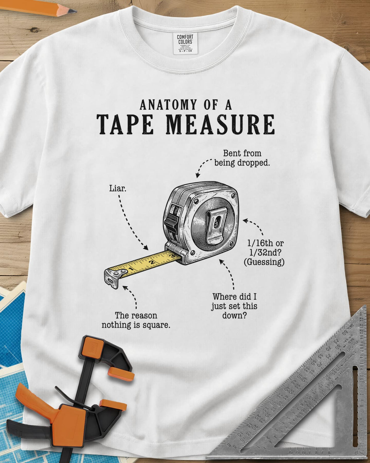 Anatomy of a Tape Measure heavyweight tee in White, a tape measure diagram with joke labels on dotted arrows