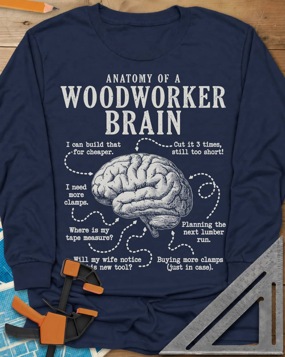 Anatomy of a Woodworker Brain long sleeve shirt in Navy, a brain diagram with dashed arrows to shop thoughts