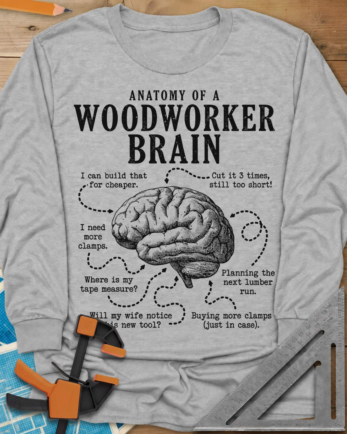 Anatomy of a Woodworker Brain long sleeve shirt in Sport Grey, a brain diagram with dashed arrows to shop thoughts