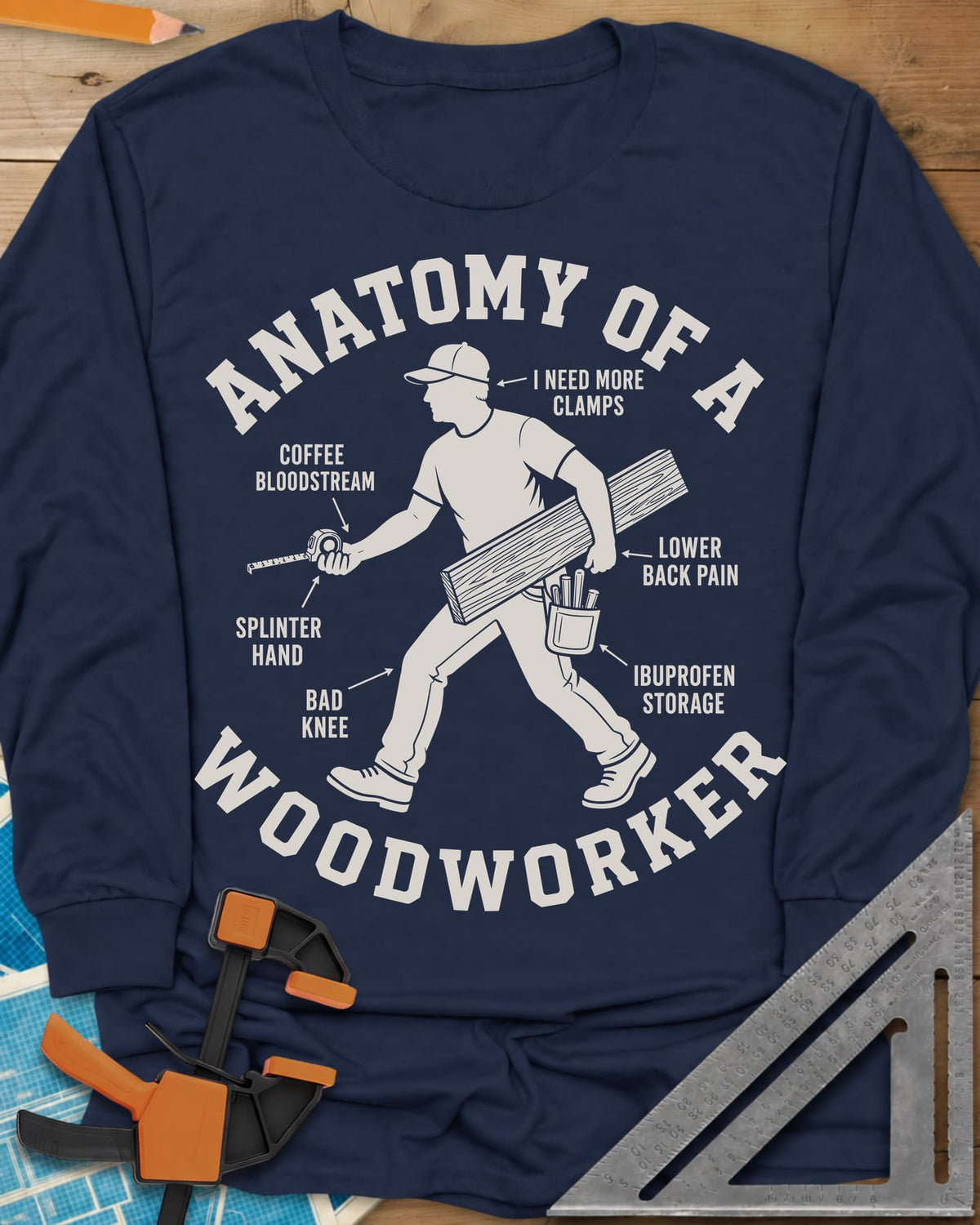 Anatomy Of A Woodworker long sleeve shirt in Navy, a walking man with a board and a tape measure, body parts labeled