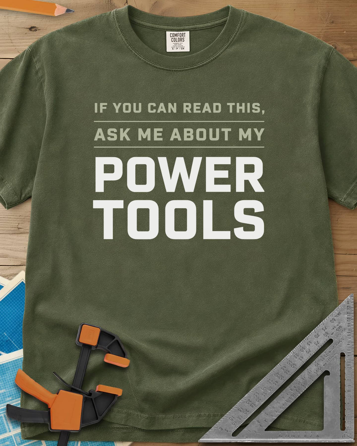 Ask Me About My Power Tools heavyweight tee in Hemp, bold block type only, with POWER TOOLS in large letters