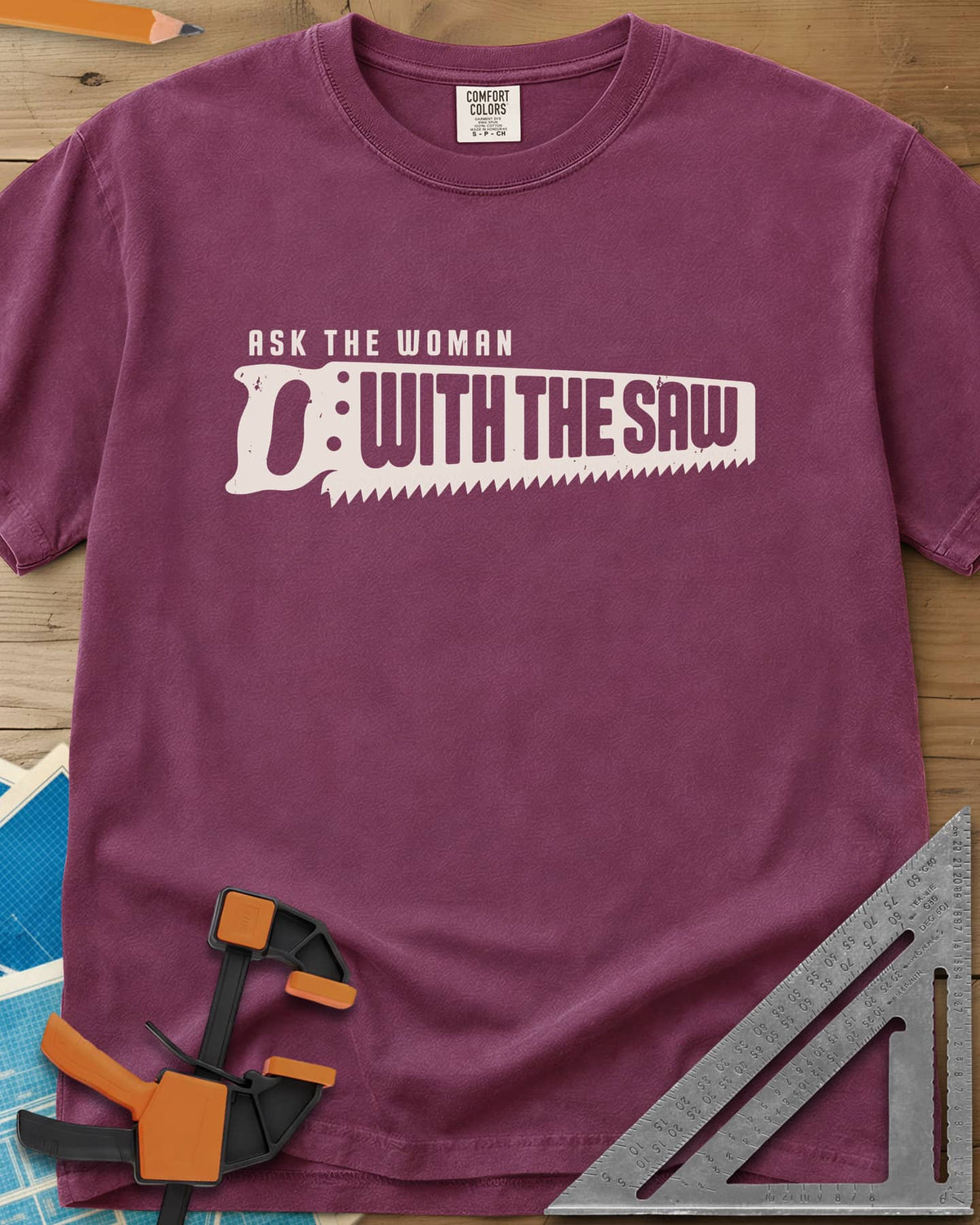 Ask The Saw heavyweight tee in Berry, worn lettering inside a handsaw-shaped banner