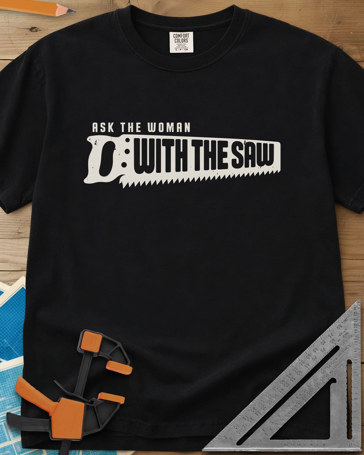 Ask The Saw heavyweight tee in Black, worn lettering inside a handsaw-shaped banner