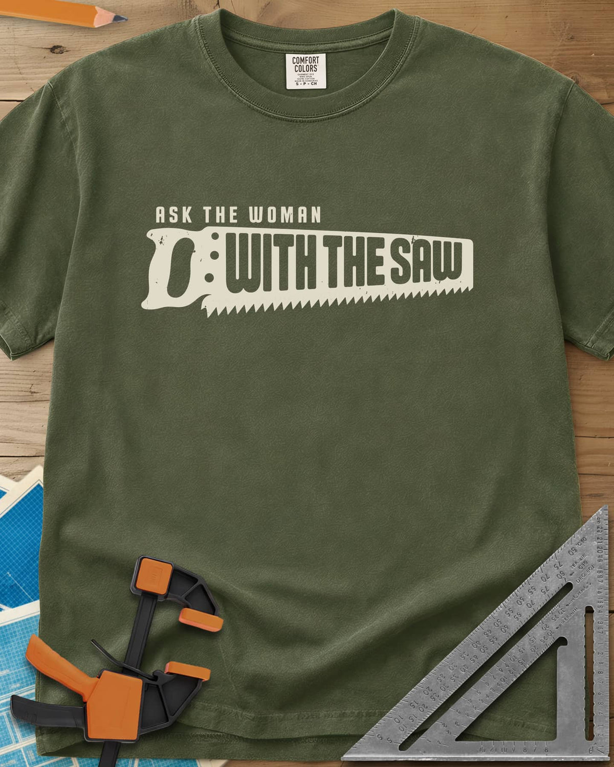 Ask The Saw heavyweight tee in Hemp, worn lettering inside a handsaw-shaped banner