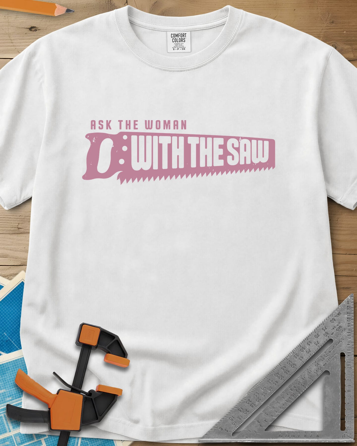 Ask The Saw heavyweight tee in White, worn lettering inside a handsaw-shaped banner