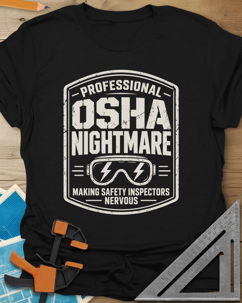 OSHA Nightmare t-shirt in Black, a rugged badge with safety goggles and lightning bolts