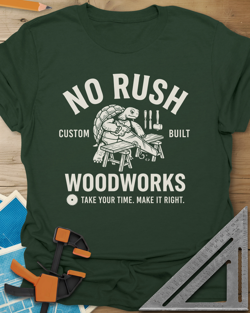 No Rush Woodworks Tee — forest_green