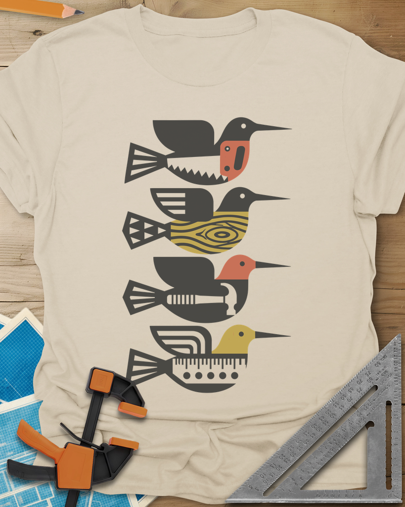 Woodworking Birds t-shirt in Sand, four stacked birds built from a saw, wood grain, hammer and ruler