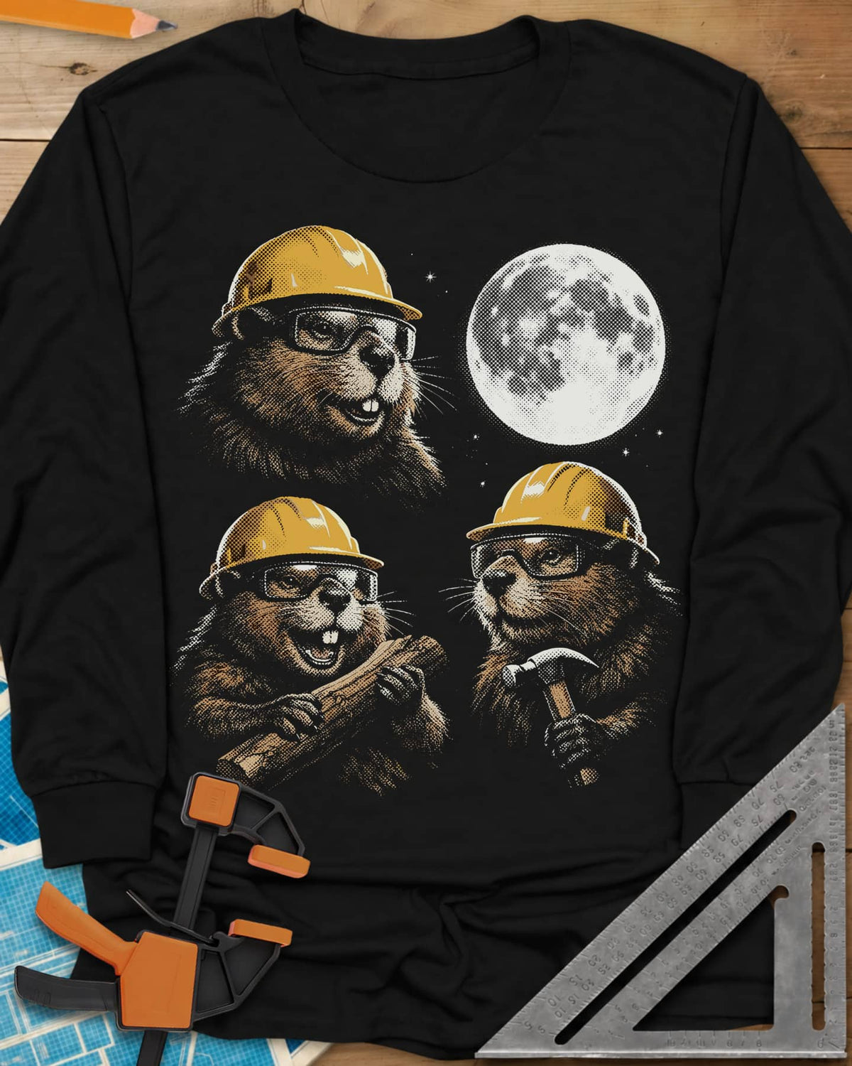 Beaver Night Shift long sleeve shirt in Black, three hard hat beavers in safety glasses under a full moon