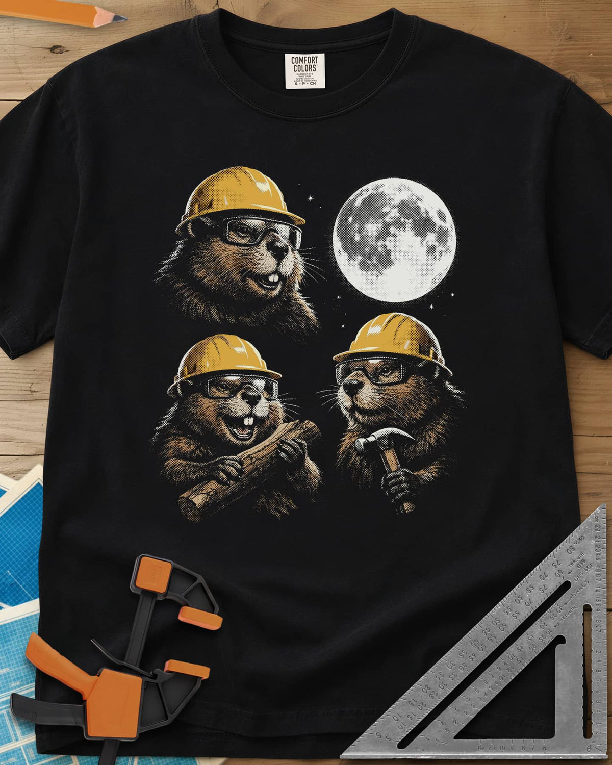 Beaver Night Shift heavyweight tee in Black, three hard hat beavers in safety glasses under a full moon