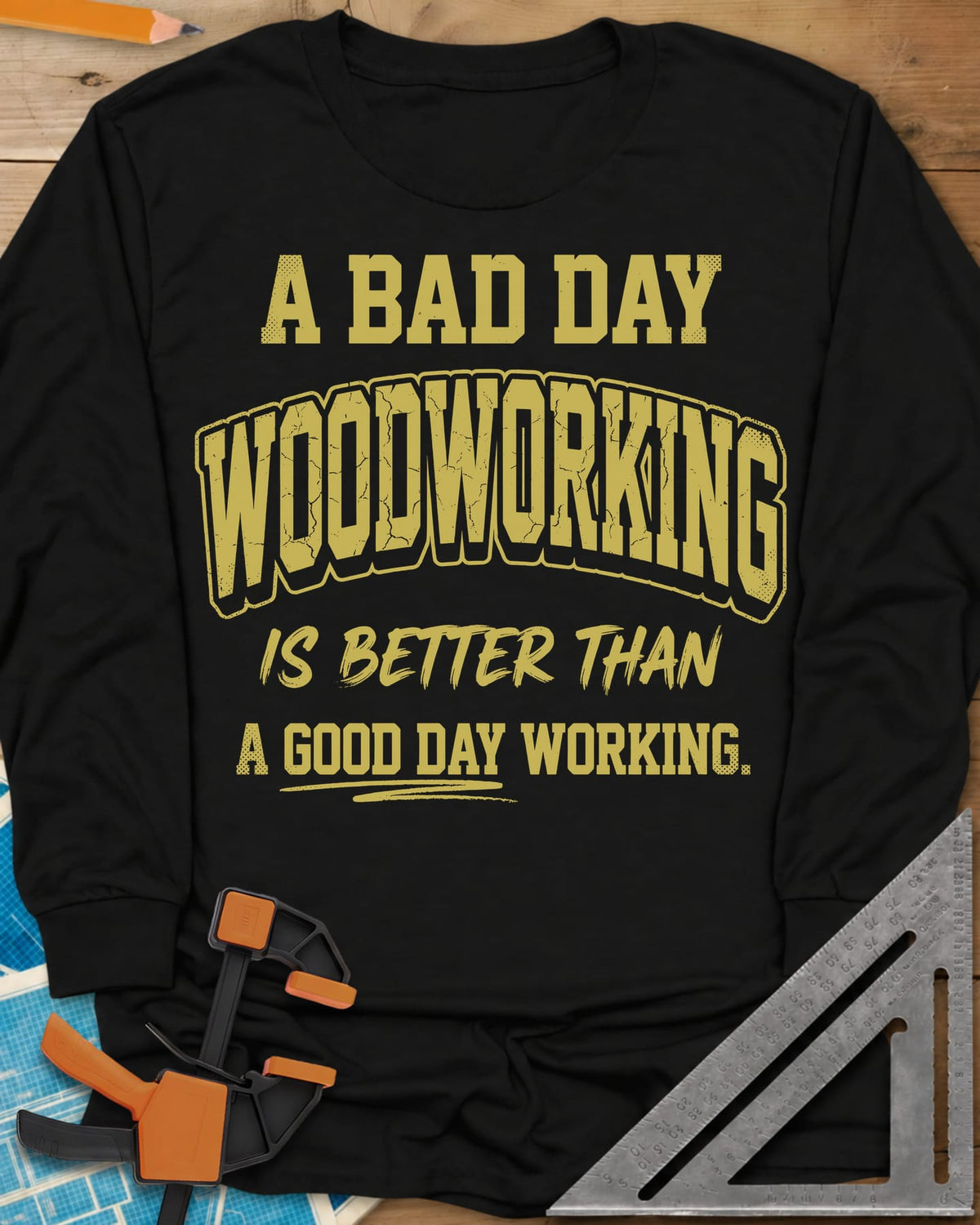 Better Than long sleeve shirt in Black, worn mustard varsity-style lettering, no graphic