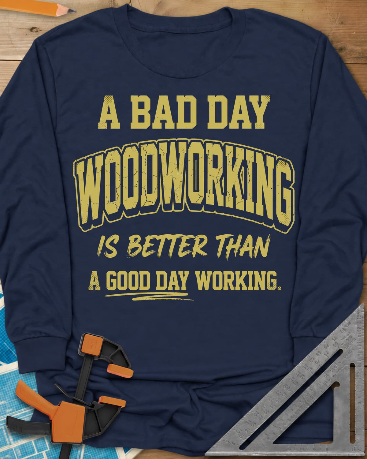 Better Than long sleeve shirt in Navy, worn mustard varsity-style lettering, no graphic