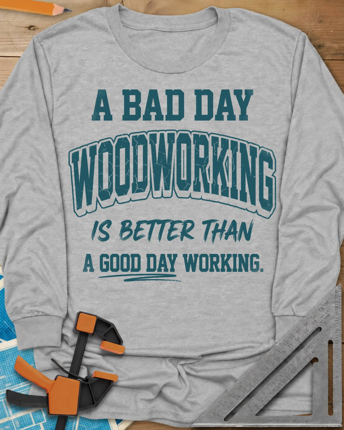 Better Than long sleeve shirt in Sport Grey, worn mustard varsity-style lettering, no graphic