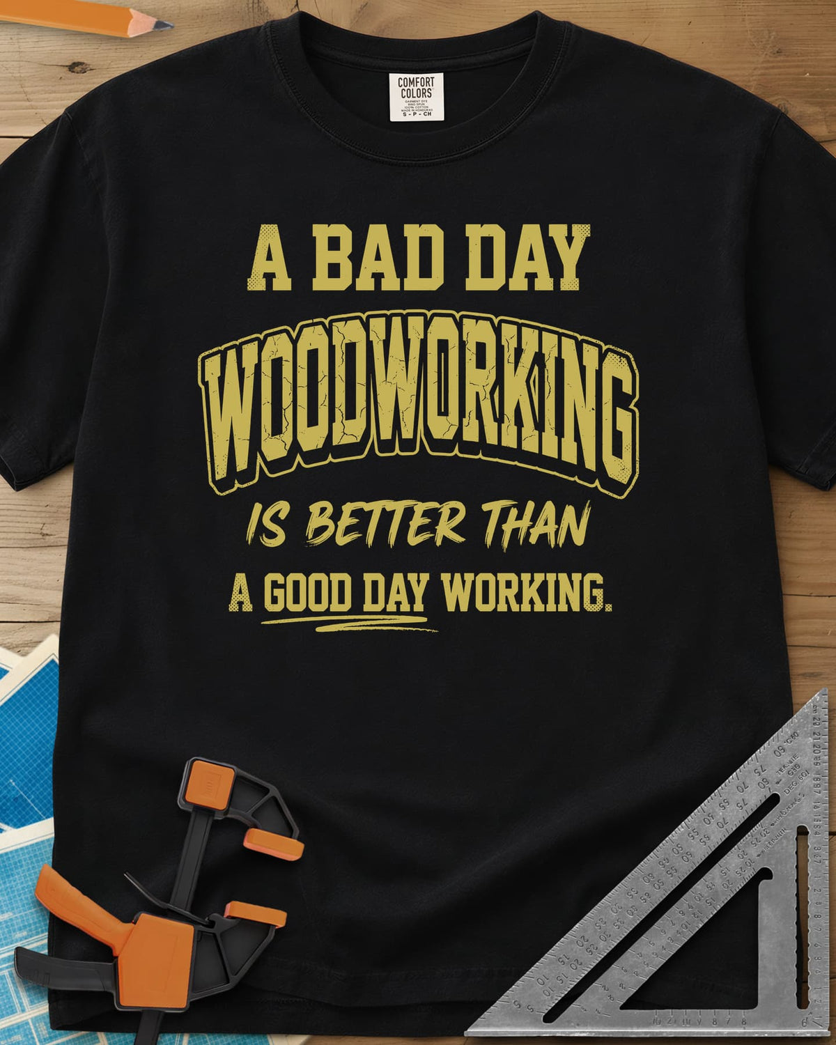 Better Than heavyweight tee in Black, worn mustard varsity-style lettering, no graphic
