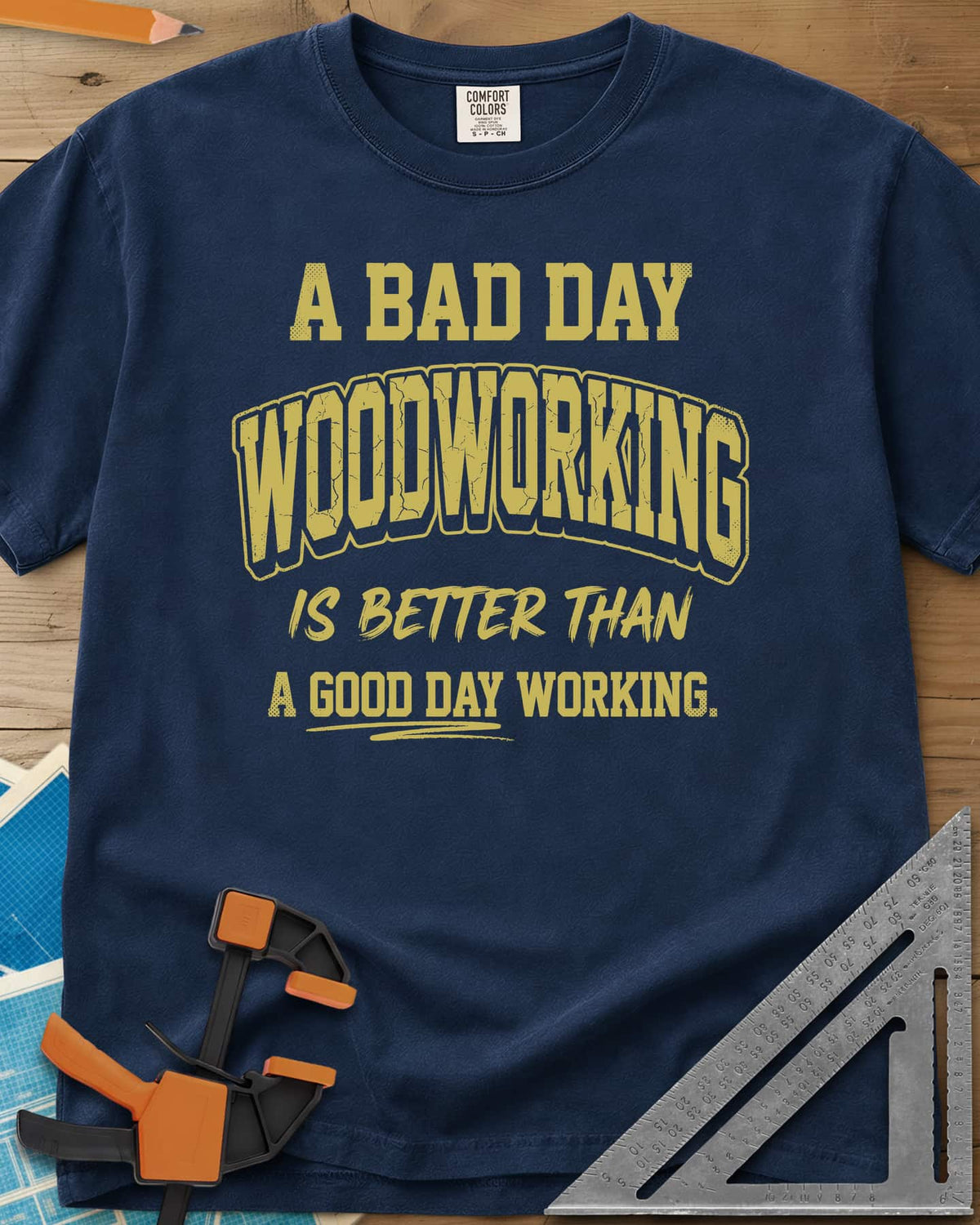 Better Than heavyweight tee in Navy, worn mustard varsity-style lettering, no graphic
