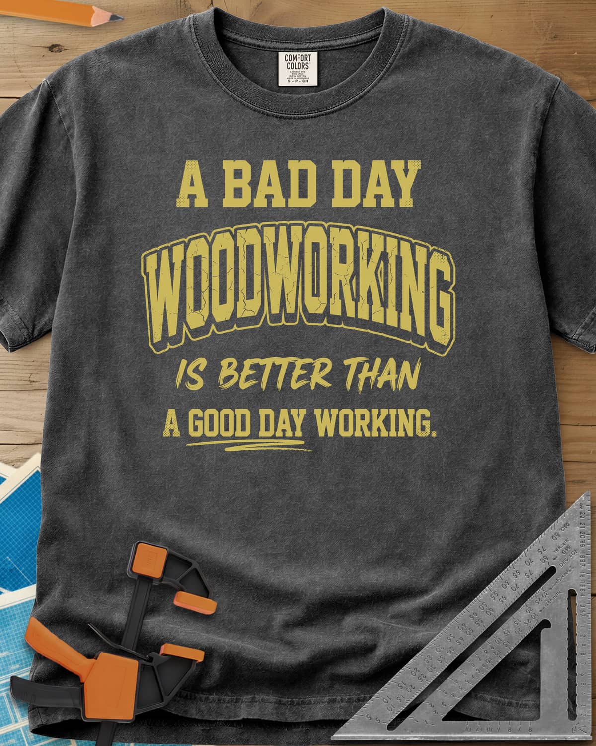 Better Than heavyweight tee in Pepper, worn mustard varsity-style lettering, no graphic