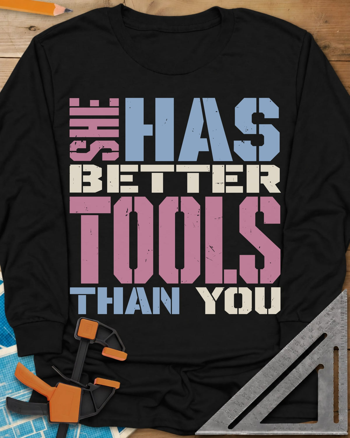 Better Tools long sleeve shirt in Black, stacked stencil letters in pink, blue and cream