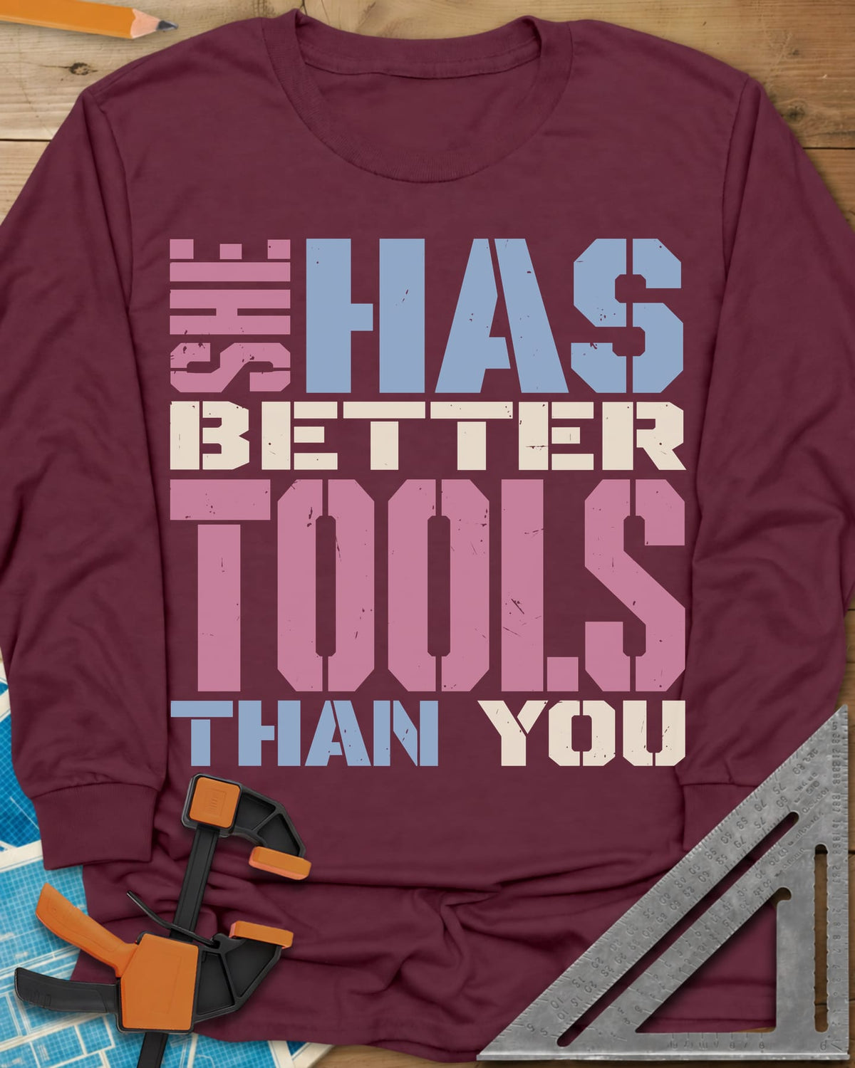 Better Tools long sleeve shirt in Maroon, stacked stencil letters in pink, blue and cream