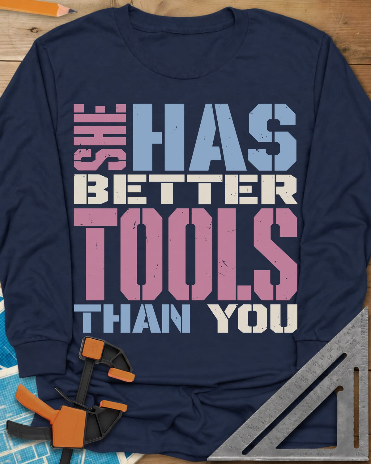 Better Tools long sleeve shirt in Navy, stacked stencil letters in pink, blue and cream