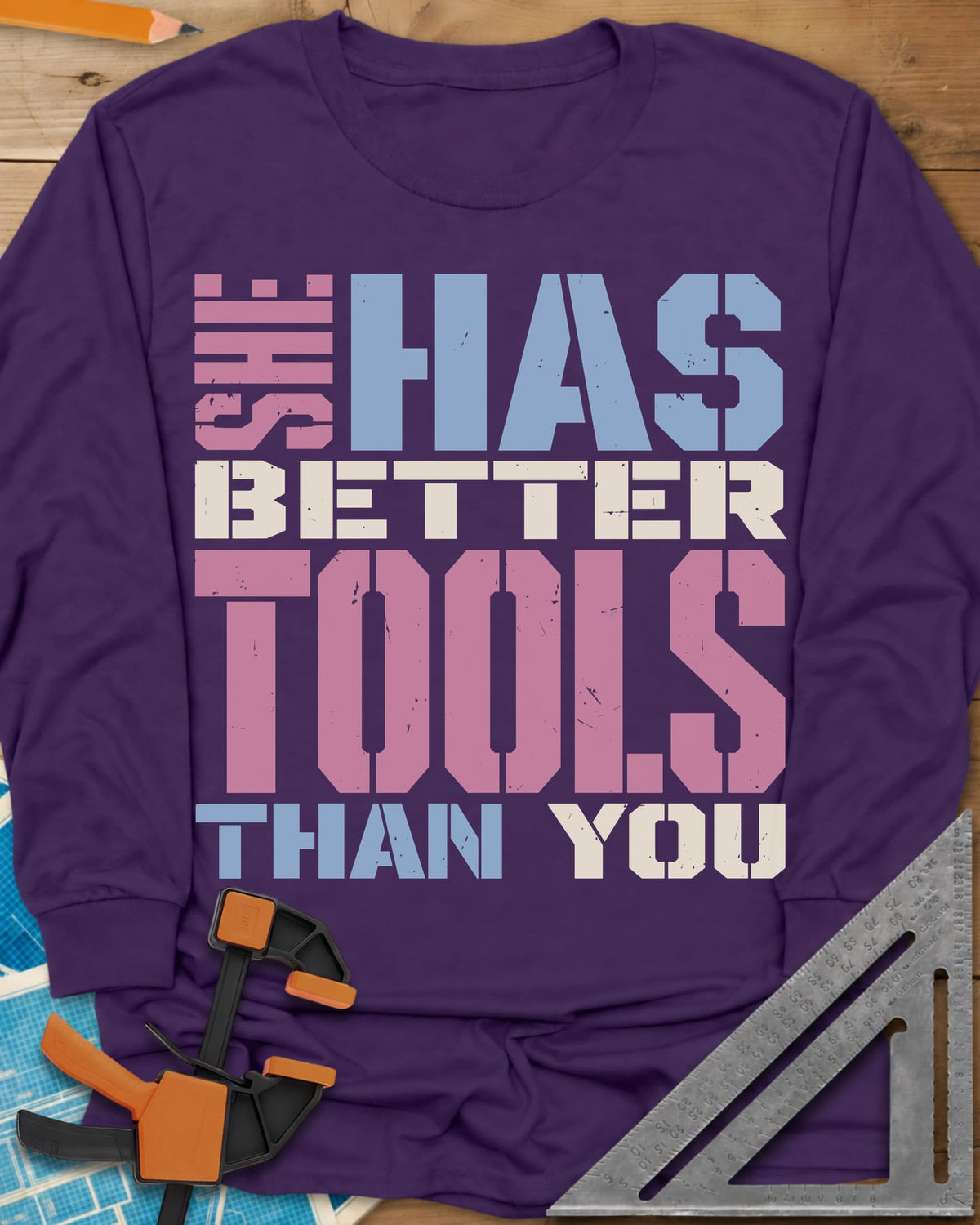 Better Tools long sleeve shirt in Purple, stacked stencil letters in pink, blue and cream
