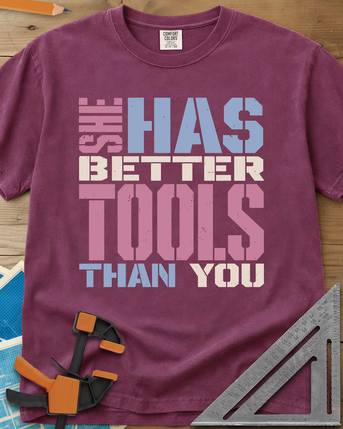 Better Tools heavyweight tee in Berry, stacked stencil letters in pink, blue and cream