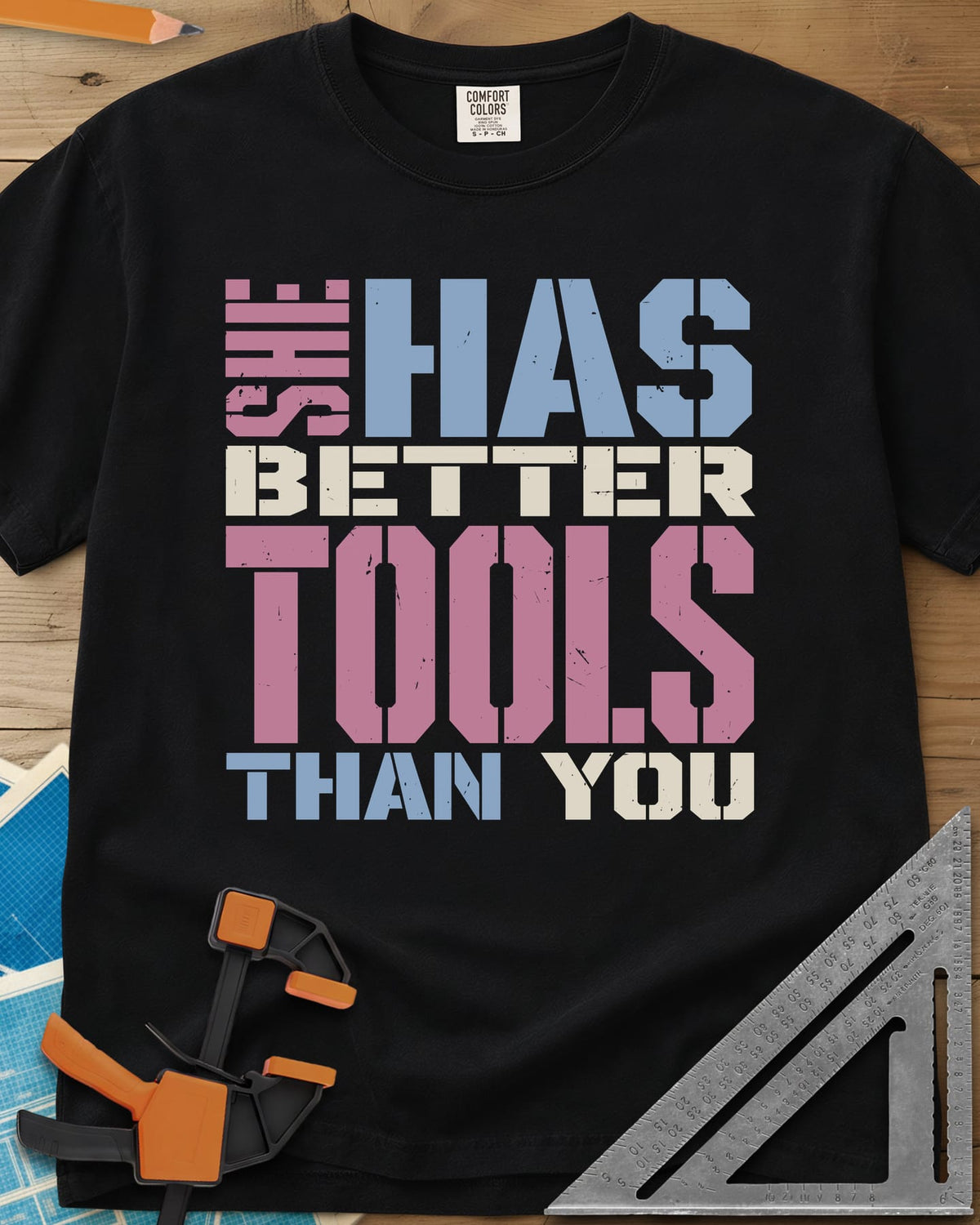 Better Tools heavyweight tee in Black, stacked stencil letters in pink, blue and cream