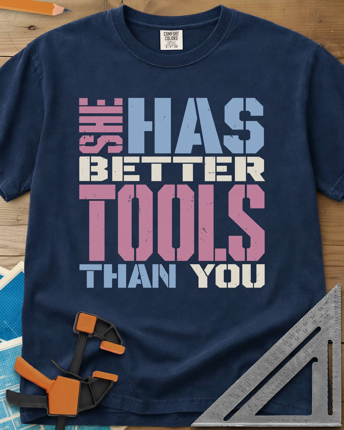 Better Tools heavyweight tee in Navy, stacked stencil letters in pink, blue and cream