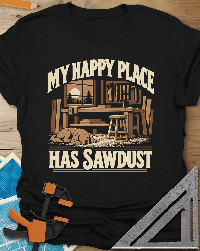 My Happy Place Has Sawdust t-shirt in Black, a shop with a workbench, tool wall and a dog asleep on the sawdust