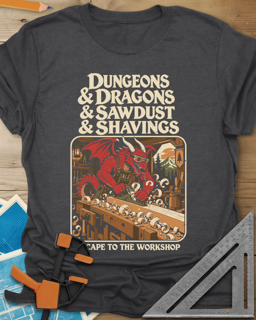 Escape To The Workshop t-shirt in Dark Heather Grey, a red dragon in goggles planing a board at a workbench