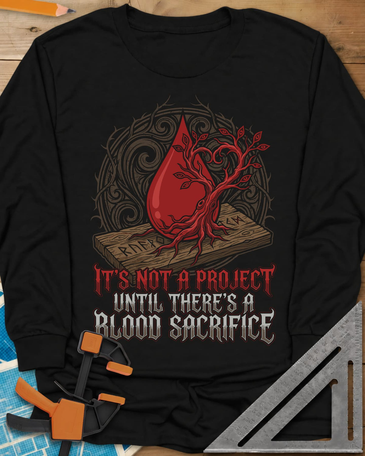 Blood Sacrifice long sleeve shirt in Black, a blood drop and bare tree on a rune-carved board, gothic lettering